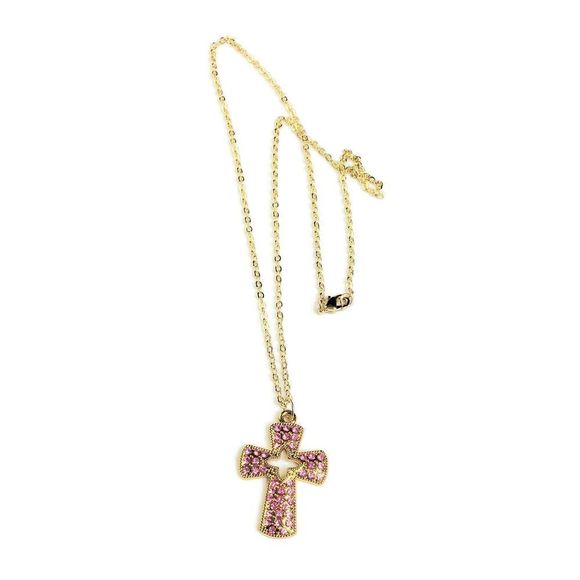 Pink Pave Crystal Cross Necklace - Picture 3 of 14
